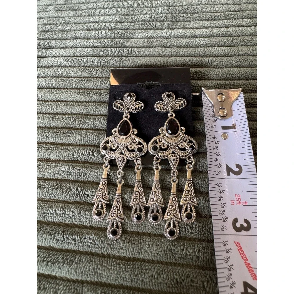 Silver Tone Dangle Earrings with‎ Black Accents, Statement Fashion Jewelry